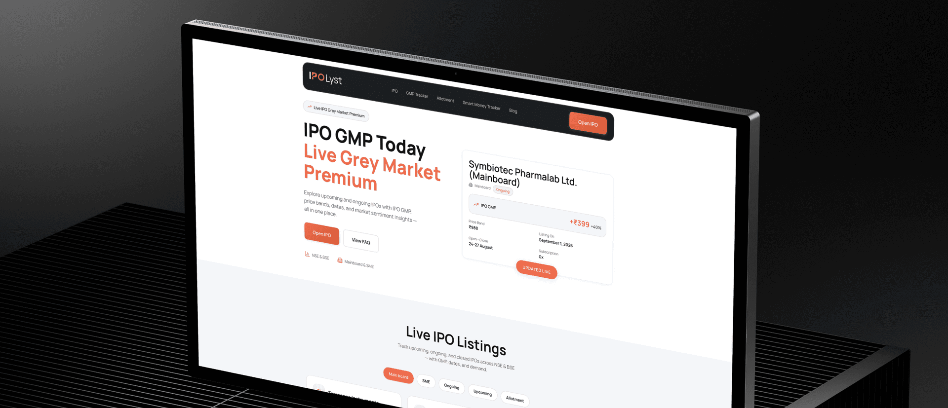 IPOLyst website on a monitor, showing the headline 'IPO GMP Today, Live Grey Market Premium' beside a live IPO listing card